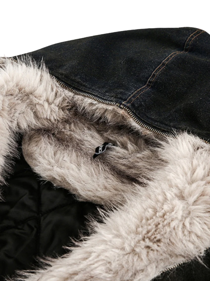 Washed Denim Streetwear Jacke mit Fellkapuze