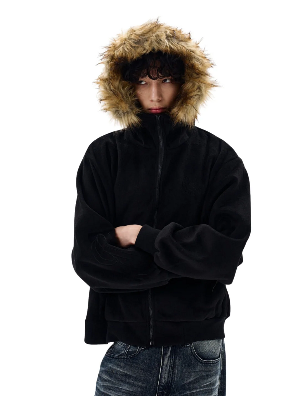 Velvet Streetwear Hoodie mit Fellkapuze