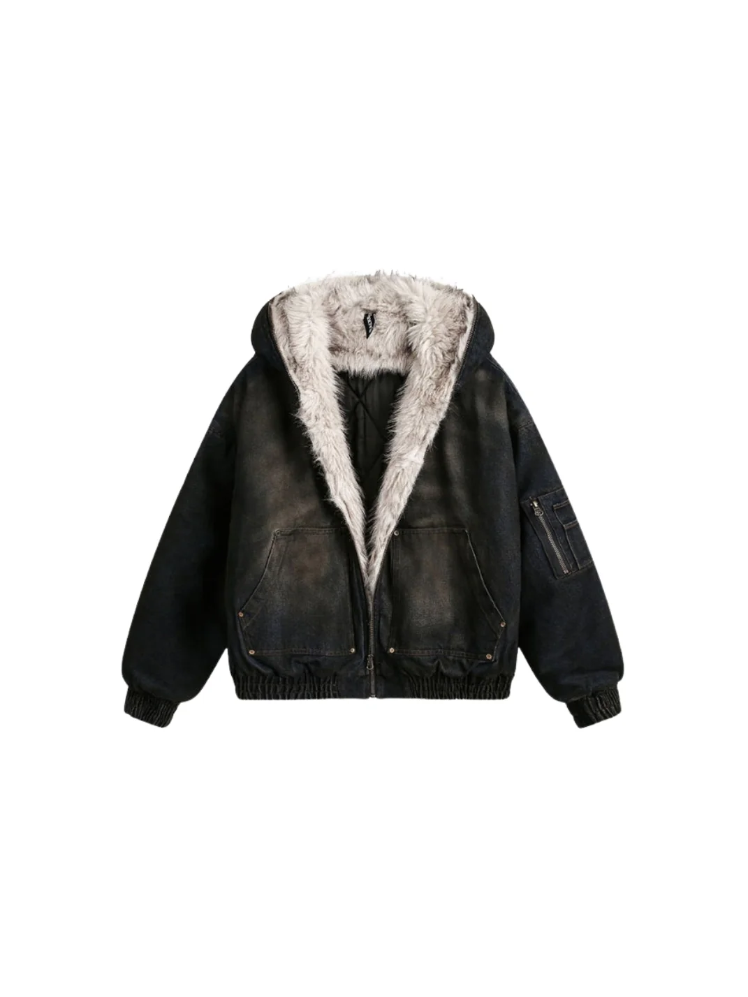 Washed Denim Streetwear Jacke mit Fellkapuze